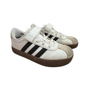 adidas Kids White Sneakers with Black Stripes and Brown Sole